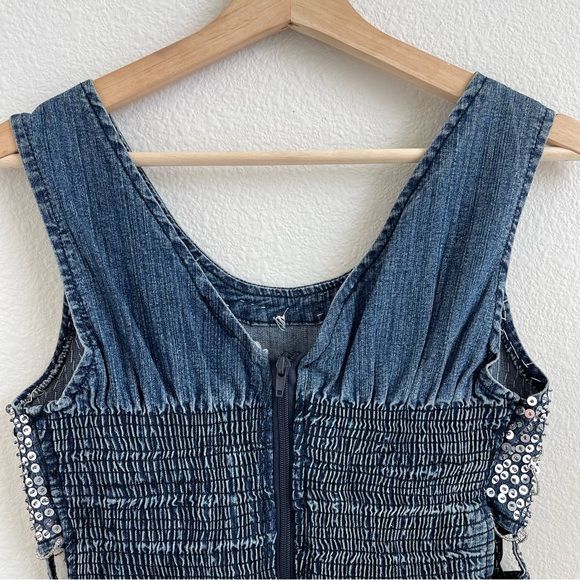 KBB JEANS Vintage 90s Dark Wash Denim Sequin Beaded Handmade Smocked Tank Top - Picture 8 of 11